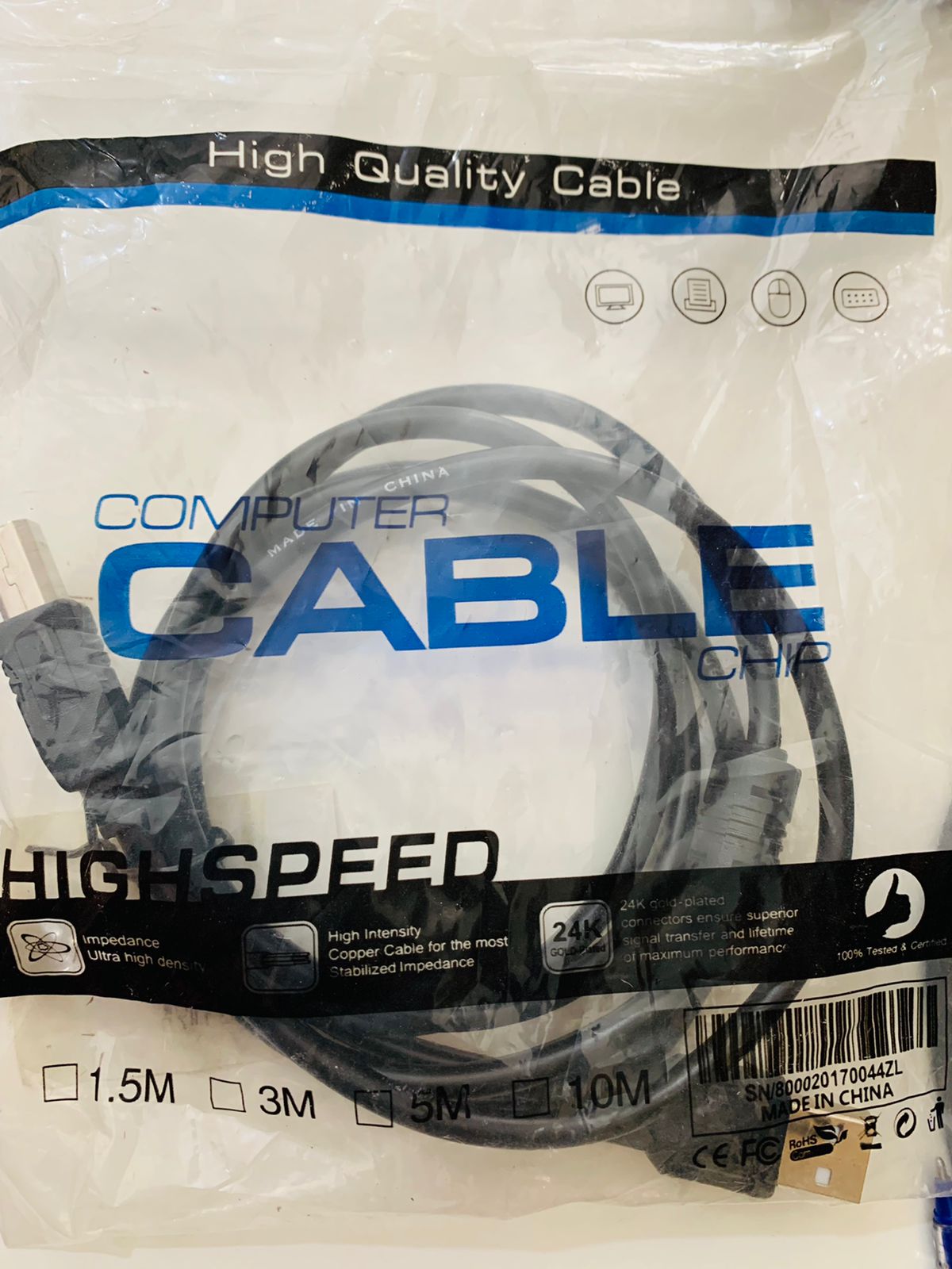  - Cabos  - preta - Central - unidade    Cod. CABO DE IMPRESSORA 1.5M CABLE CHIP